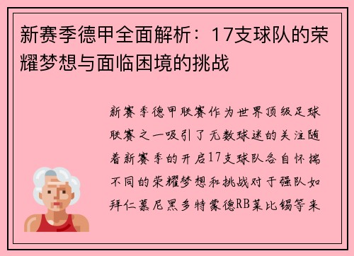 新赛季德甲全面解析：17支球队的荣耀梦想与面临困境的挑战