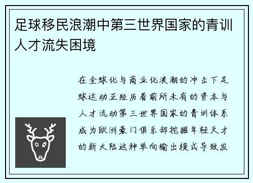 足球移民浪潮中第三世界国家的青训人才流失困境