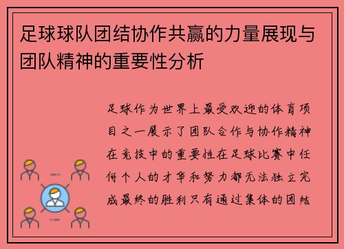 足球球队团结协作共赢的力量展现与团队精神的重要性分析