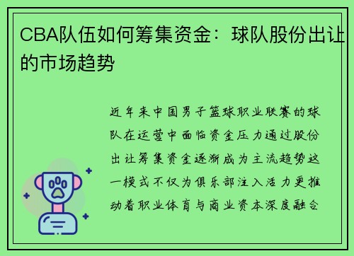CBA队伍如何筹集资金：球队股份出让的市场趋势