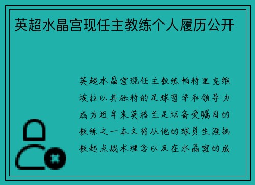英超水晶宫现任主教练个人履历公开